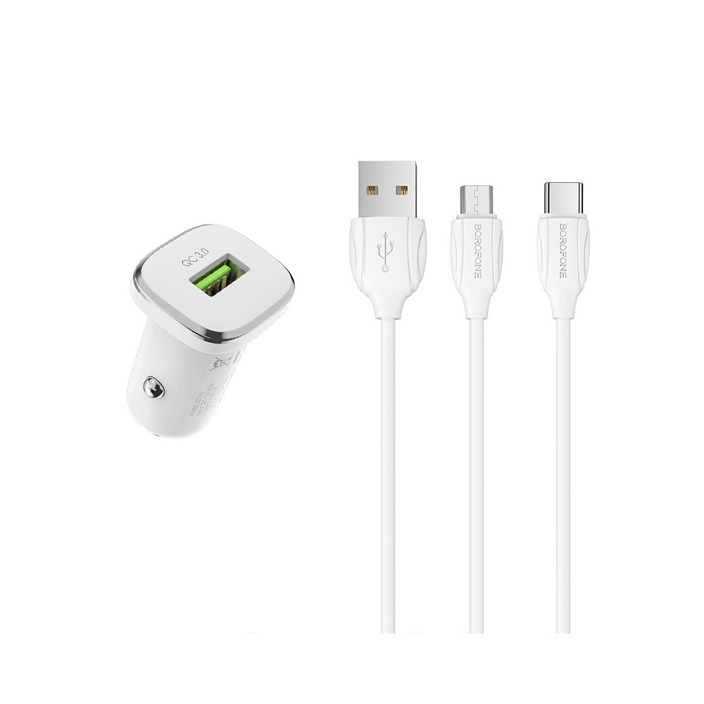 Ավտոմեքենայի Լիցքավորիչ և Լար|BOROFONE BZ12A|Micro USB/Type-C (QC3.0)