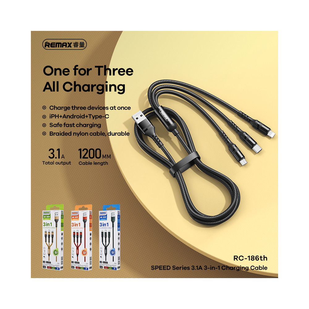 Լիցքավորման Լար 3-ը 1-ում REMAX RC-186TH / Lightning ,Micro-USB,Type-C, изображение 3