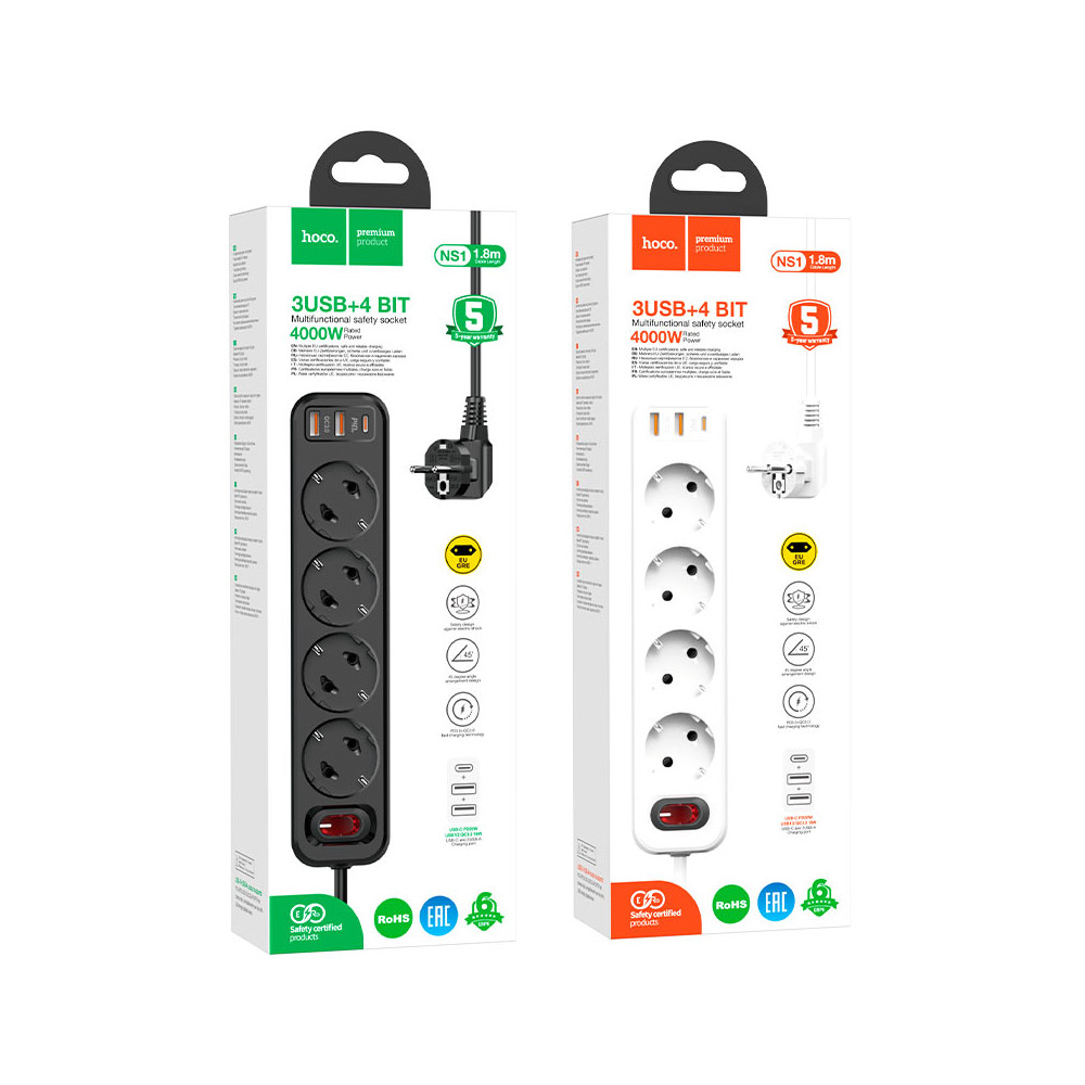 Հոսանքի Երկարացման Լար 2USB+1Type-C+4BIT HOCO NS1 (1.8Մ), изображение 6